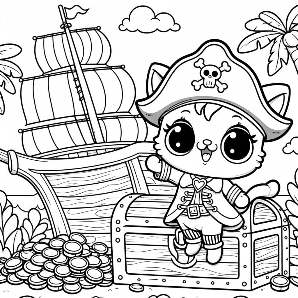 una gatito pirata con una gran caja de tesoro