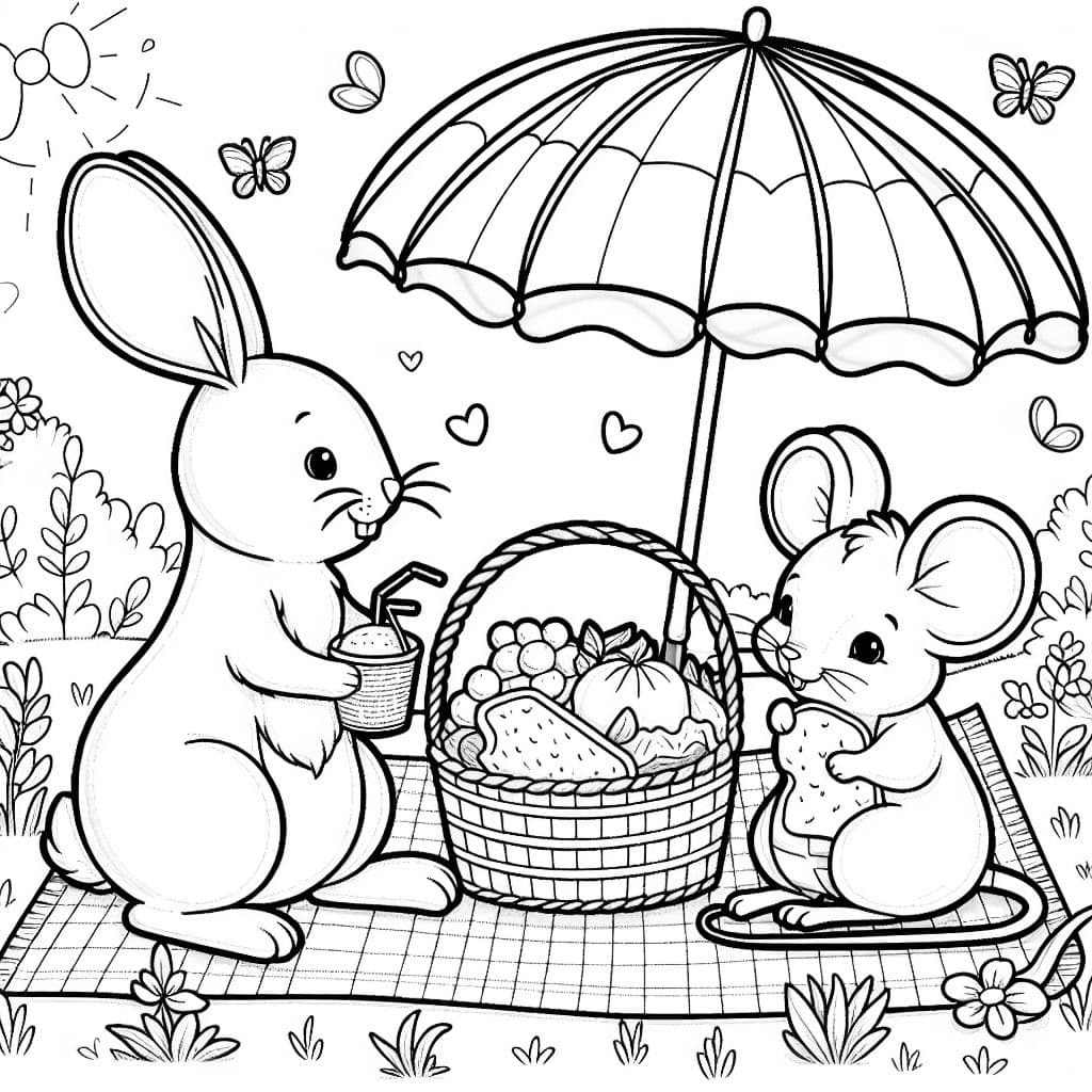 conejo y ratón compartiendo una cesta de picnic