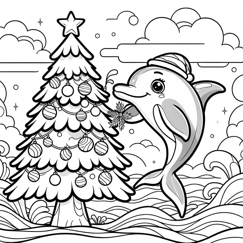 a dolphin decorating a xmas tree with the word Ziyi written underneath