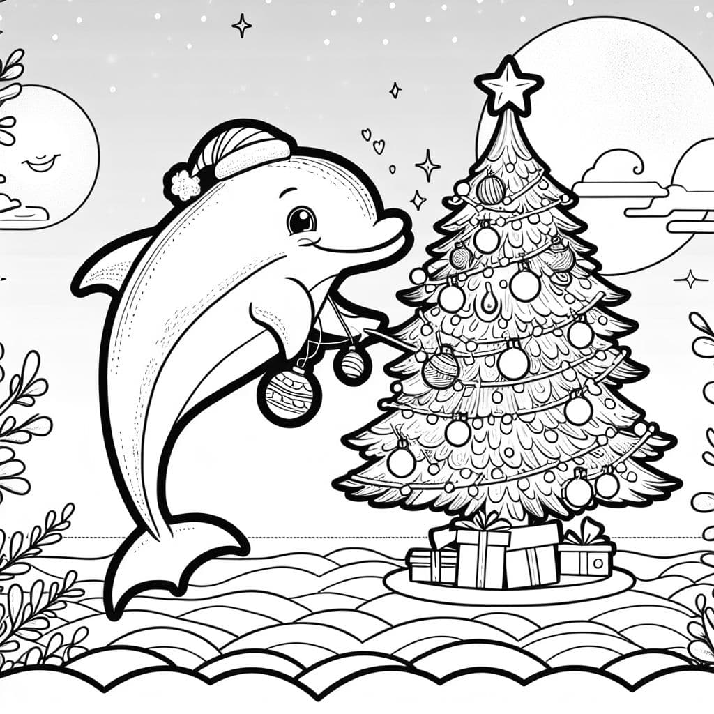 a dolphin decorating a xmas tree with the letters Joshua written underneath the page