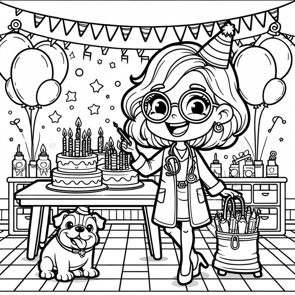 Happy Birthday Dr. Assaf female doctor short hair glasses and bulldog