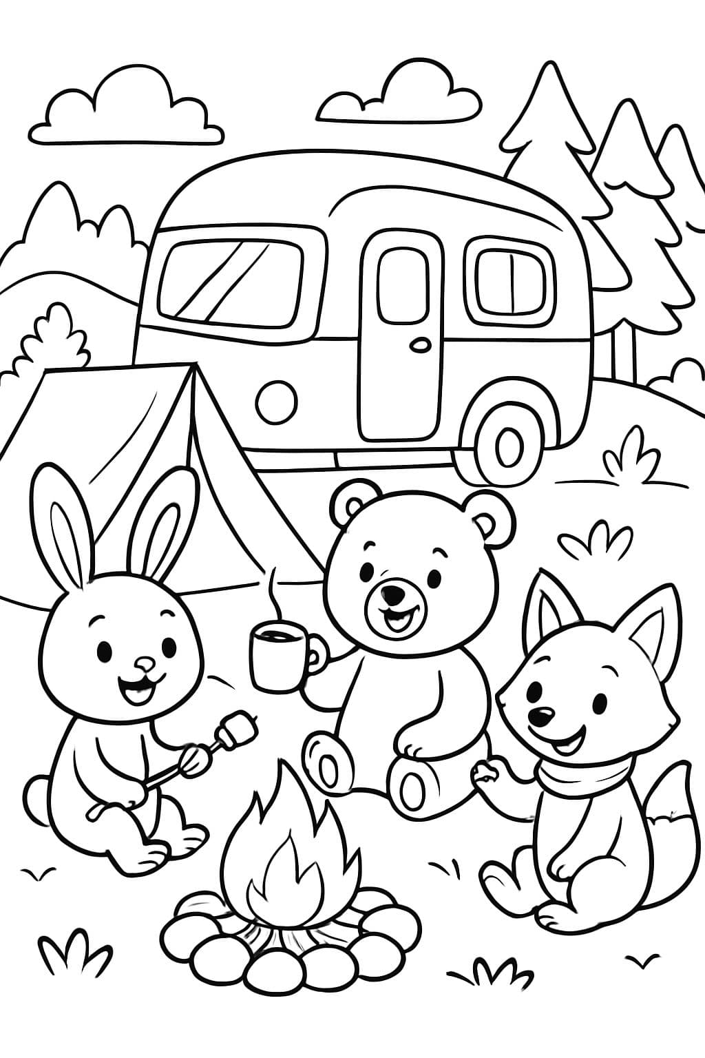 animales acogedores acampando con una caravana
