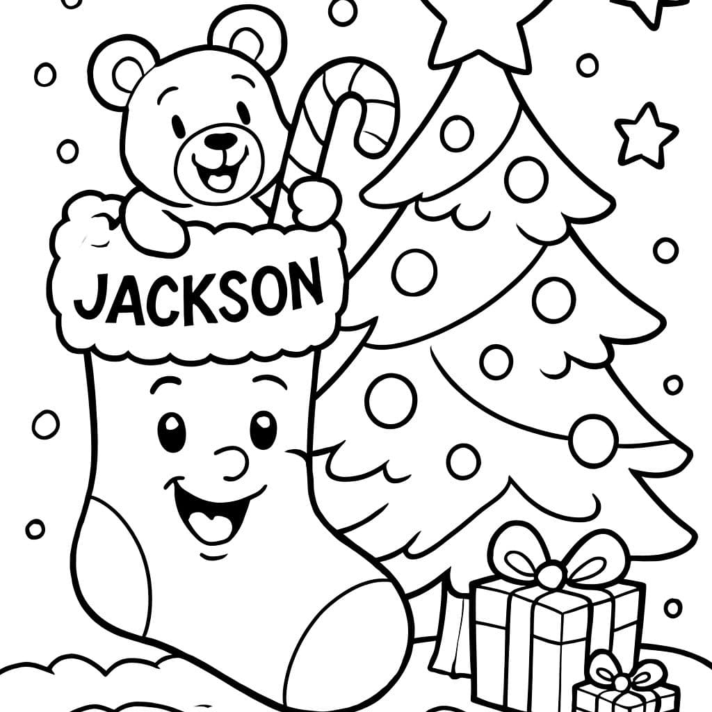 Chaussette de Noël avec le nom Jackson dessus, sapin de Noël