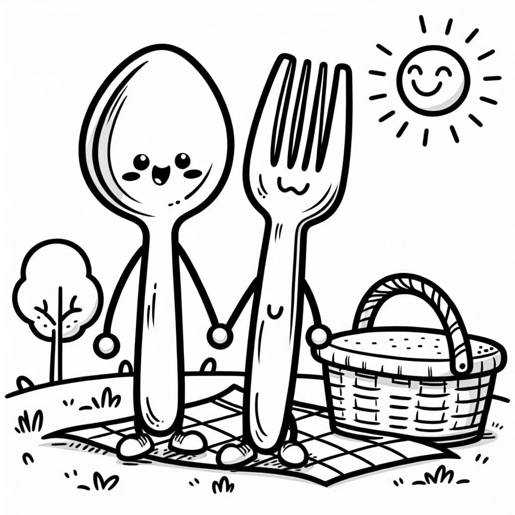 Una cuchara y un tenedor están teniendo un picnic.