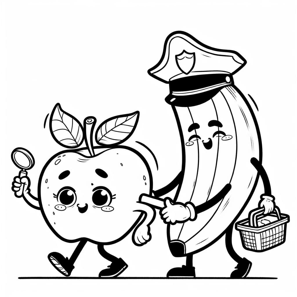 Una manzana disfrazada de policía arrestando un plátano.