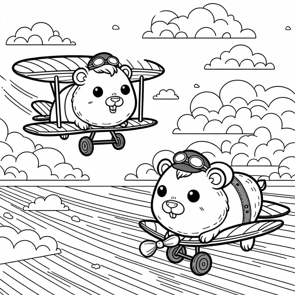 2 Meerschweinchen fliegen in Doppeldeckern am Himmel