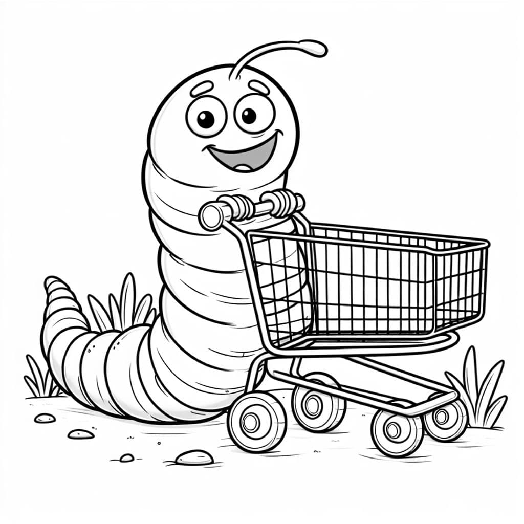 Gusano realista empujando un carrito de compras