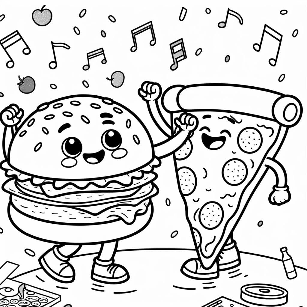 Una hamburguesa bailando con una rebanada de pizza.