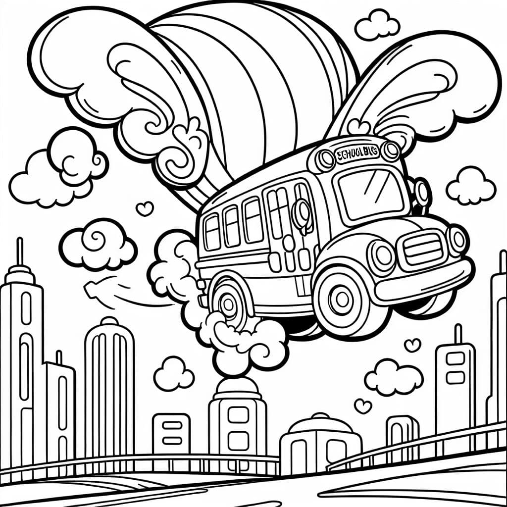 Un autobús escolar con alas volando en el cielo