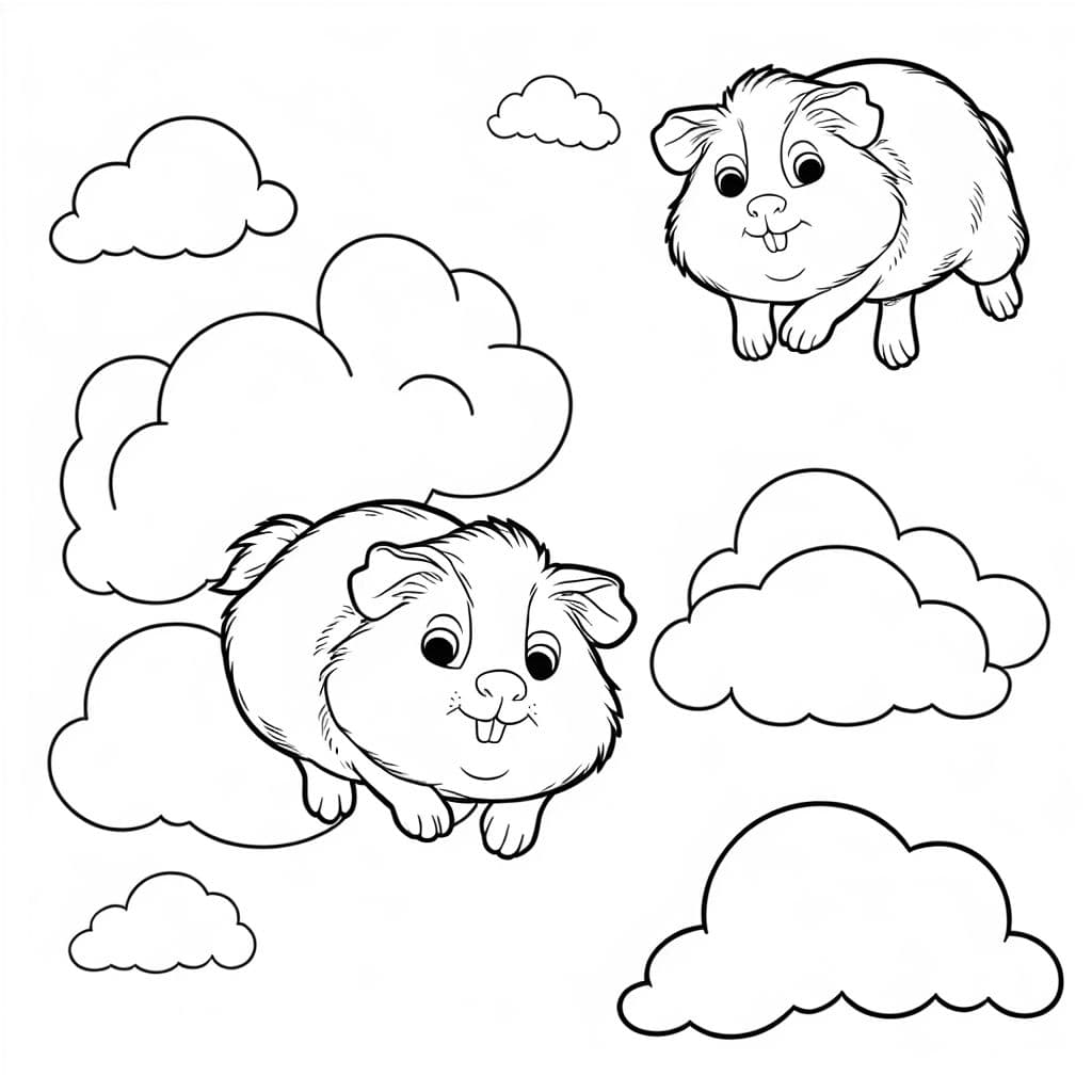 2 realistische Meerschweinchen, die in den Wolken fliegen