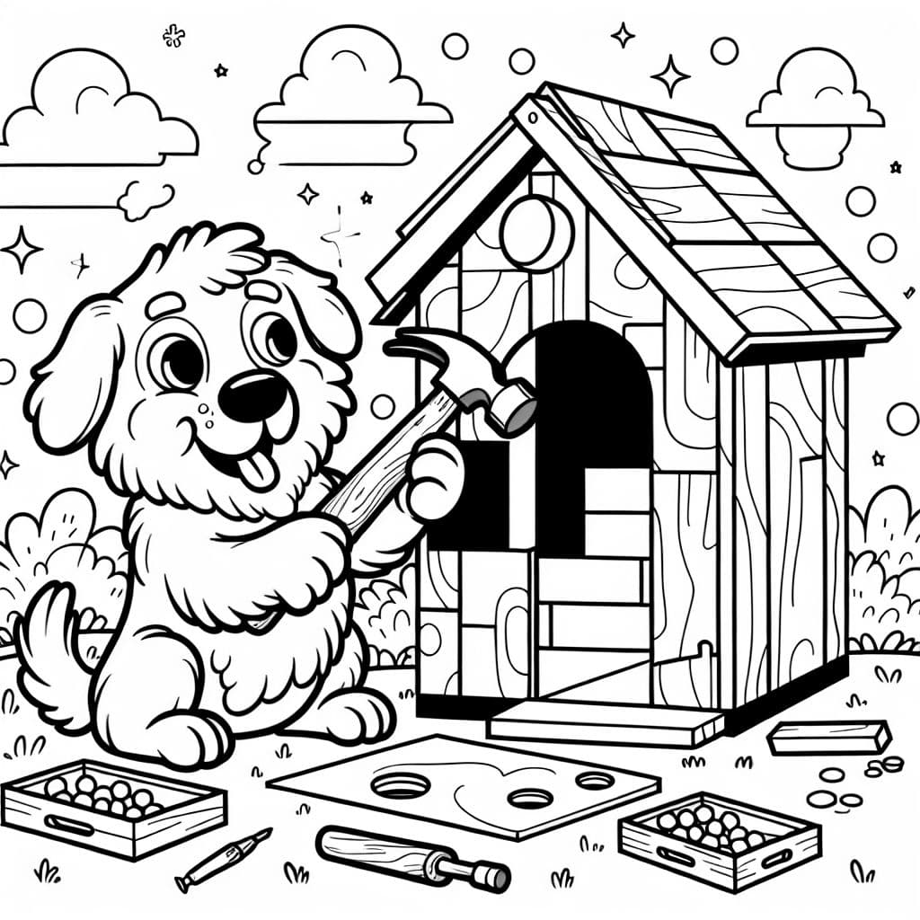 Ein Hund benutzt einen Hammer, um ein Hundehaus zu bauen.