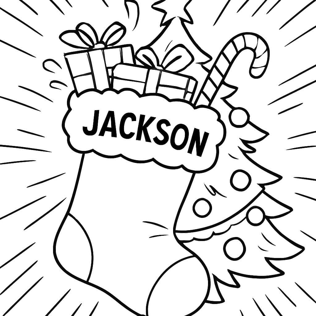 Chaussette de Noël avec le nom Jackson écrit dessus, arbre de Noël