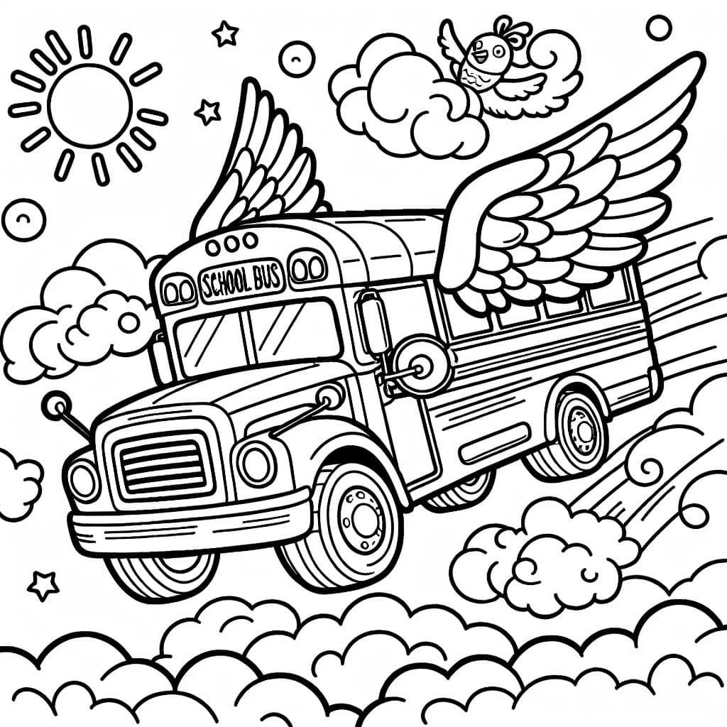 Un autobús escolar con alas volando en las nubes