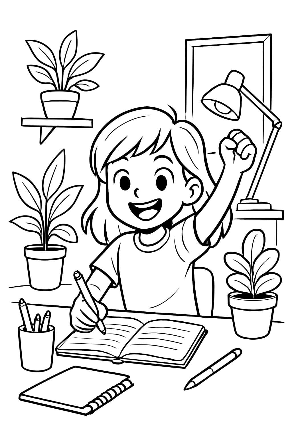 Un espacio de trabajo limpio y minimalista con plantas, cuadernos y bolígrafos