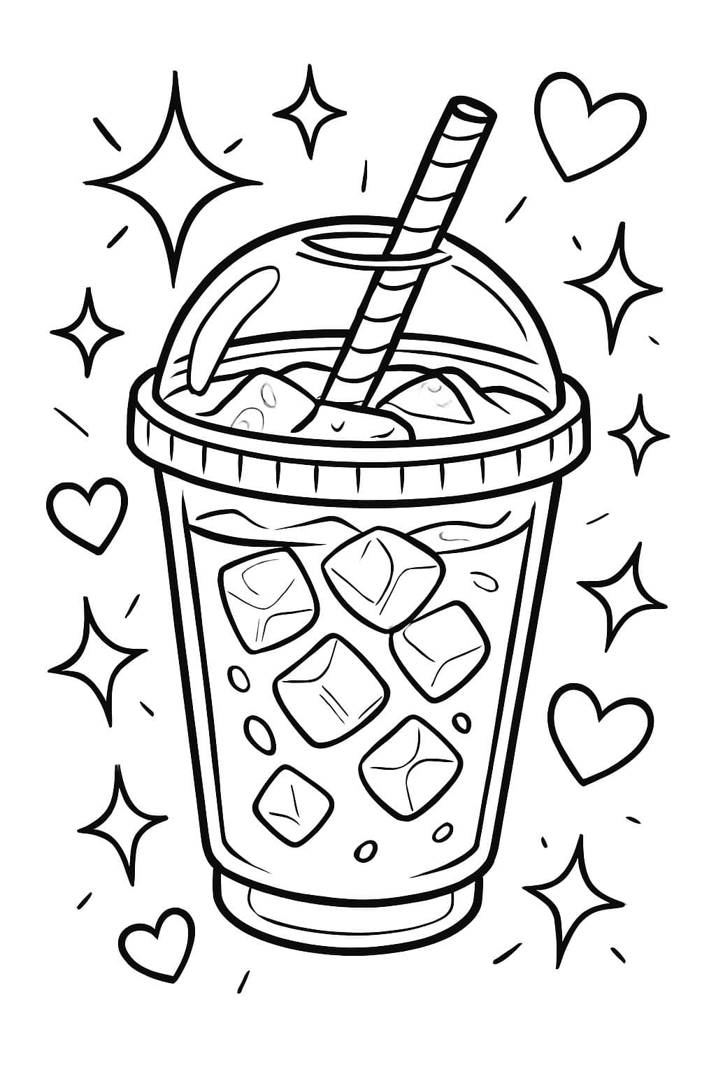 una taza de café helado rodeada de brillos y corazones