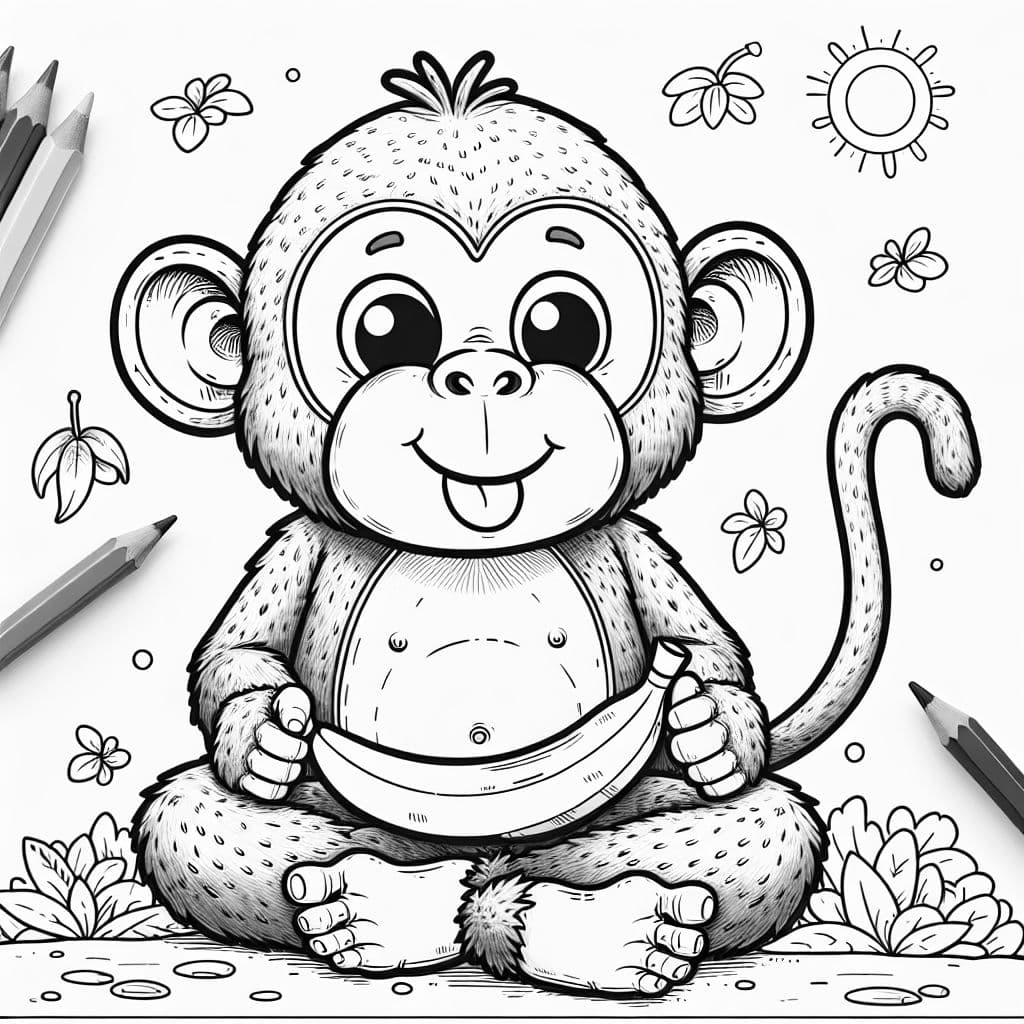 Ein großer Affe mit Banane im Schneidersitz.