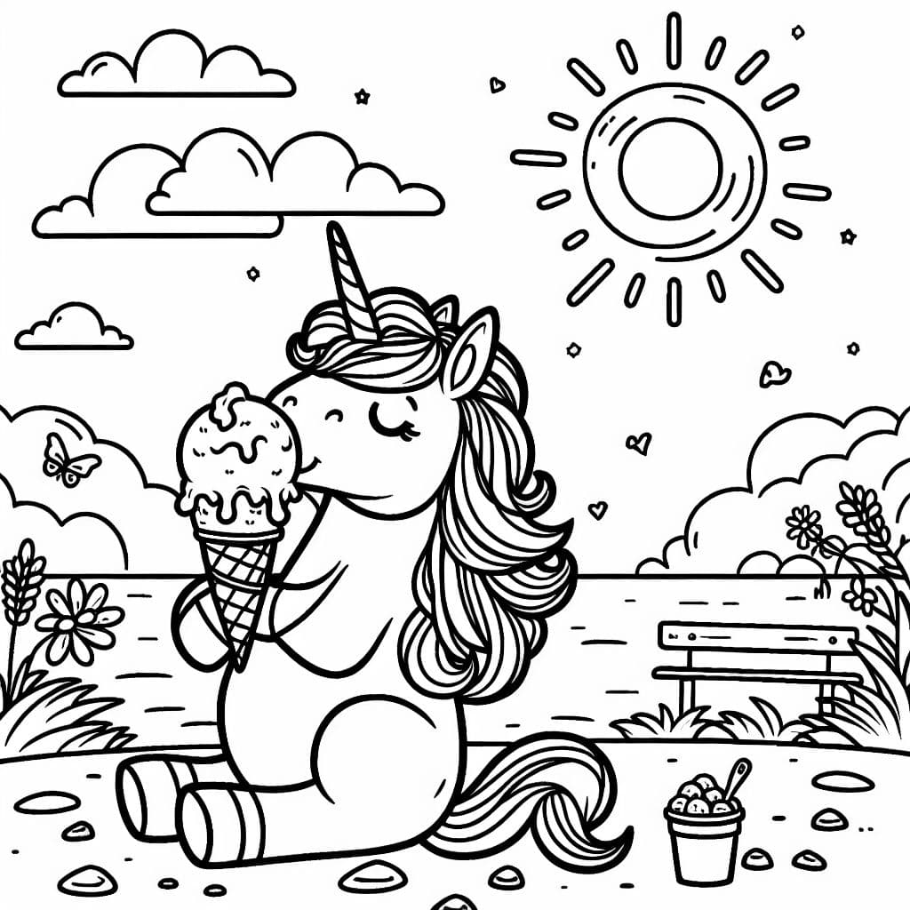 Ein Einhorn, dass in der Sonne ein Eis genießt