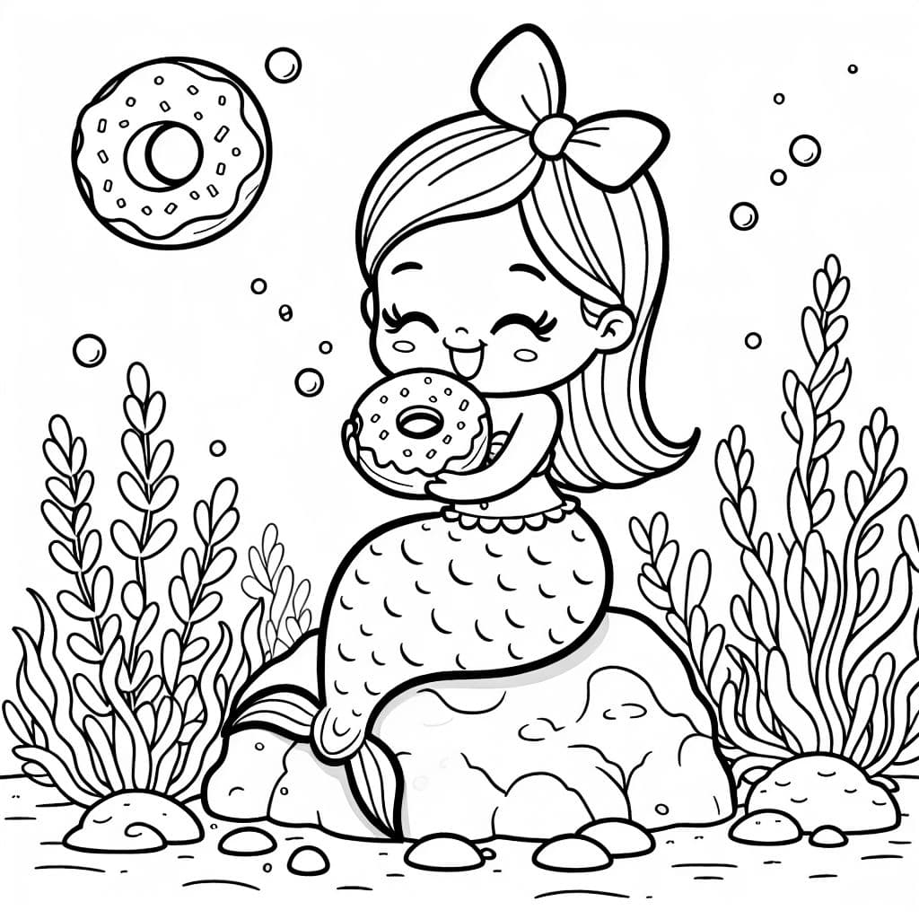 mermaid sitting on rock wearing a bow eating a donut