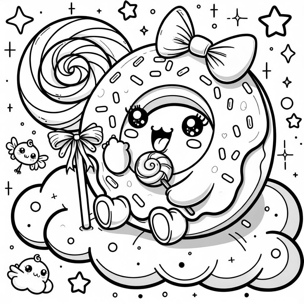 donut eating lollipop with bow sitting on a cloud