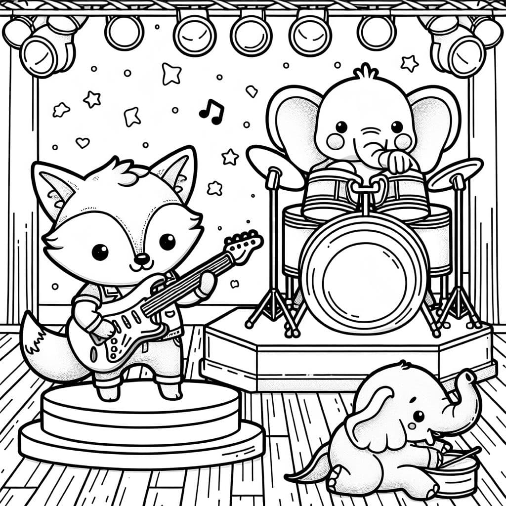 Ein Babyfuchs spielt E-Gitarre auf einer Bühne zusammen mit einem Elefanten am Schlagzeug