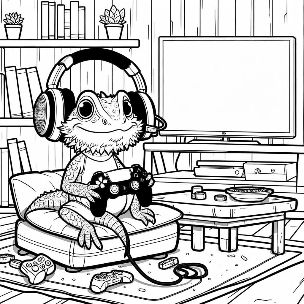 Un dragon barbu jouant sur une PS5 offre amusement et divertissement aux enfants.