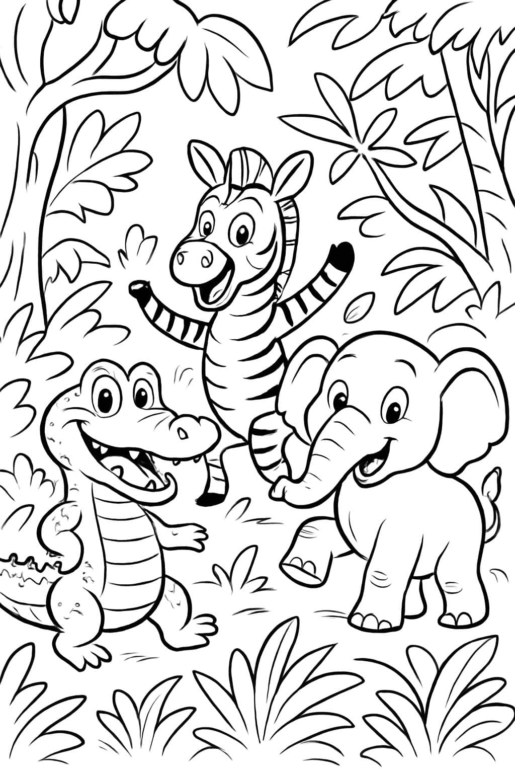 cocodrilo, cebra y elefante contentos en la selva