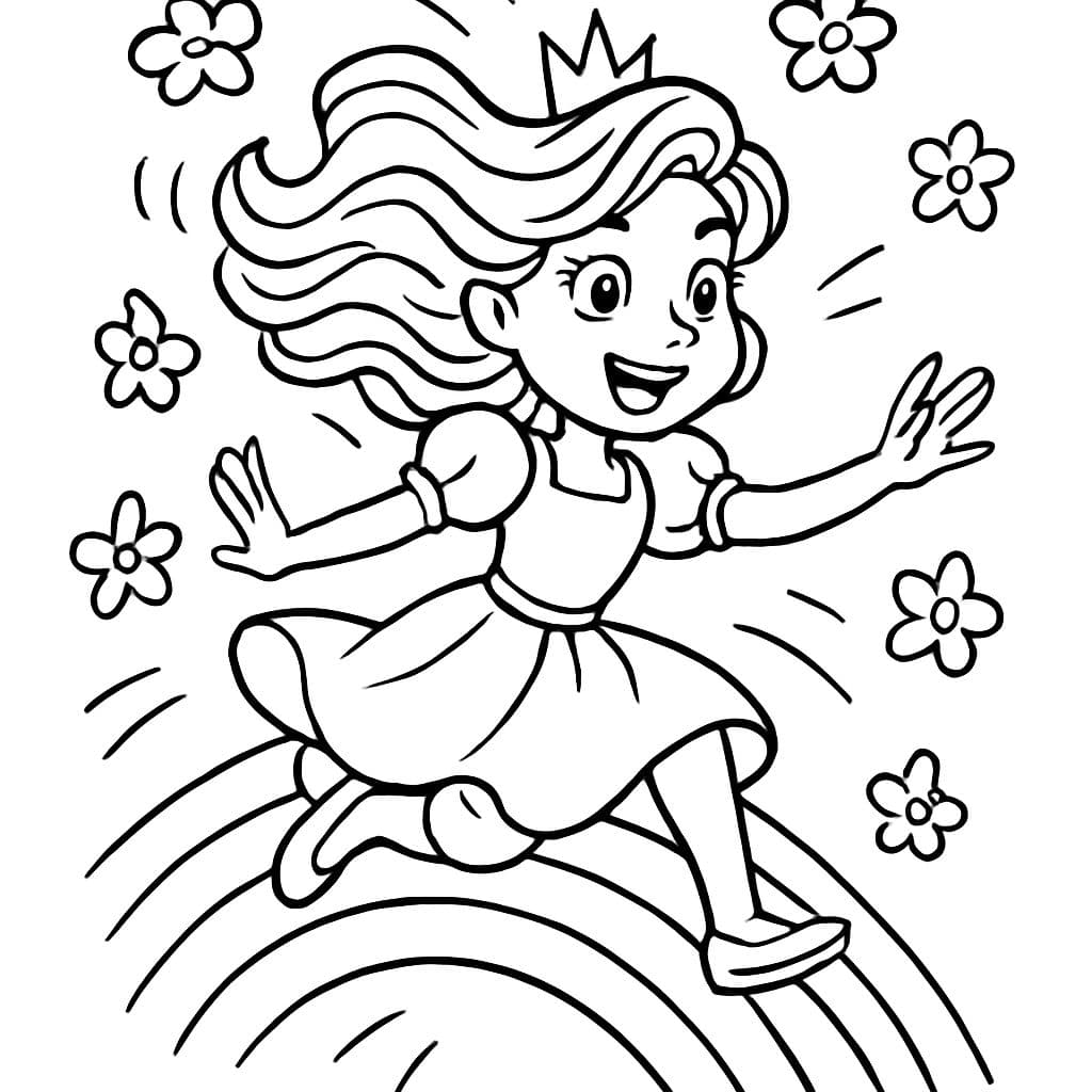 Una princesa en un arcoíris con un hermoso peinado ondulado rodeada de flores en el aire