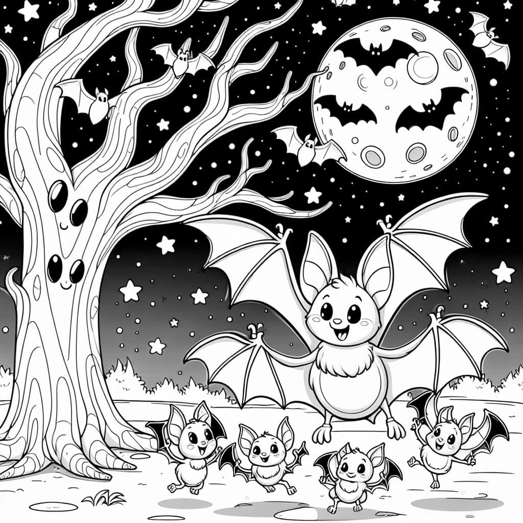 Coloring page for kids,A bat family with a parent and baby bats flying around a spooky tree in front of a full moon, with stars and bats in the background, Halloween themed, line art, simple classic cartoon style