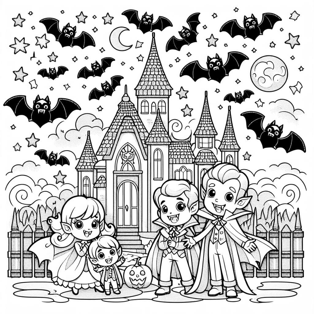 Coloring page for kids,A friendly vampire family standing outside their castle, with bats flying around, with stars and bats in the background, Halloween themed, line art, simple classic cartoon style
