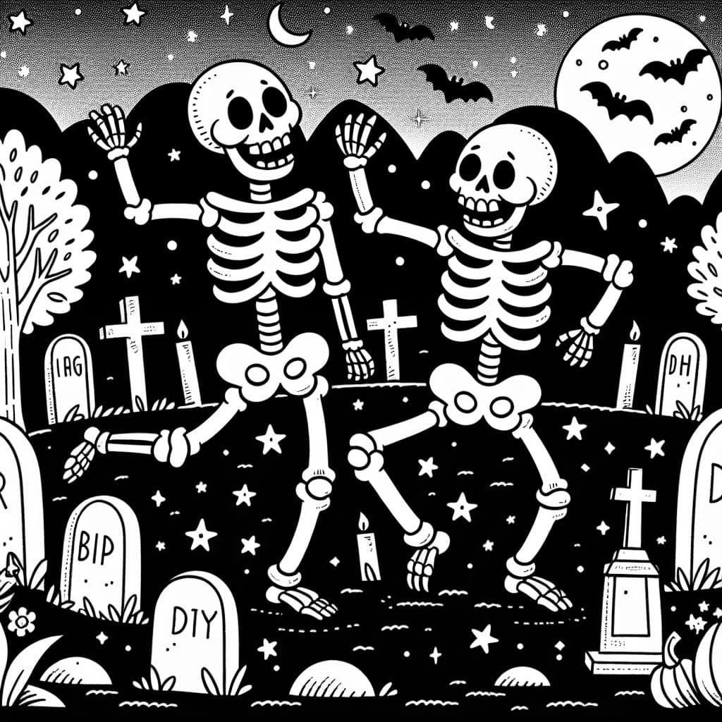 Coloring page for kids,A fun scene of two skeletons dancing in a graveyard with tombstones and trees around, with stars and bats in the background, Halloween themed, line art, simple classic cartoon style