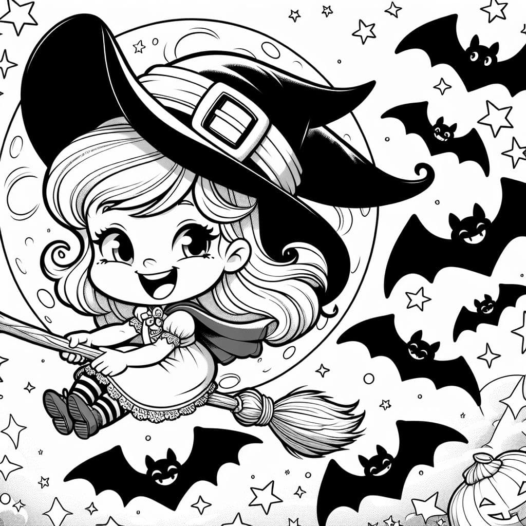 Coloring page for kids, A drawing of a smiling witch flying across a full moon on her broomstick, with stars and bats in the background, Halloween themed, line art, simple classic cartoon style
