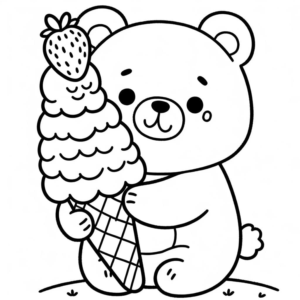 Ein Süßer Bär mit einem Waffeleis mit drei Kugeln und Erdbeeren