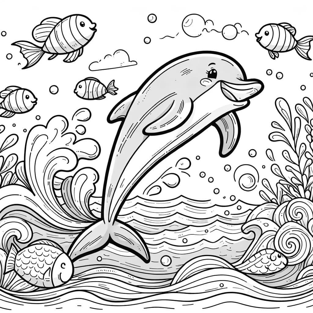 Fish in ocean with dolphin jumping out of that water