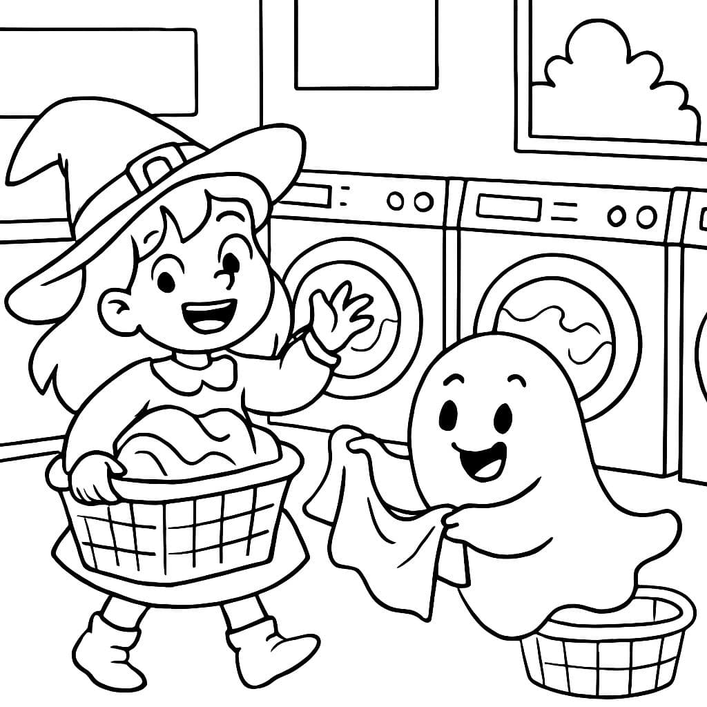 Bruja y fantasma haciendo laundry en la lavandería.