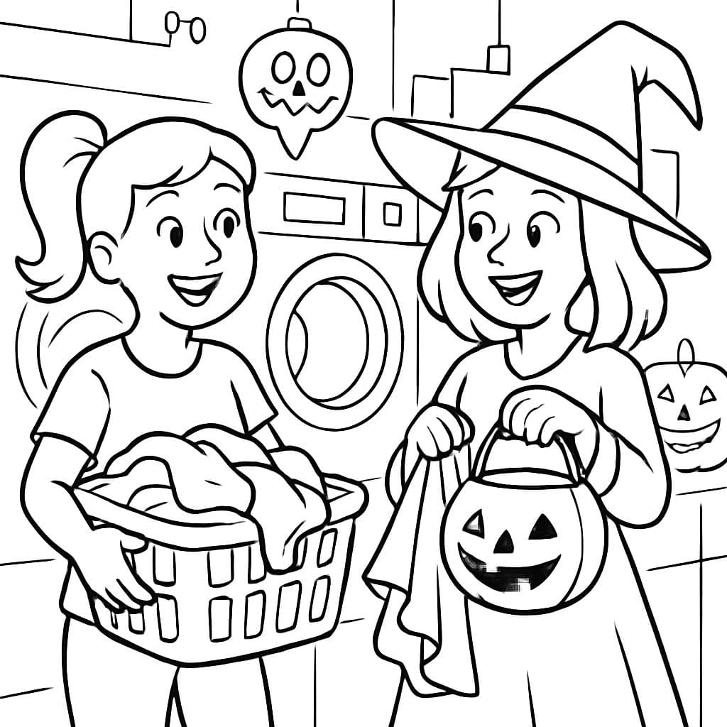 2 mujeres en una lavandería en Halloween, una tiene una coleta.