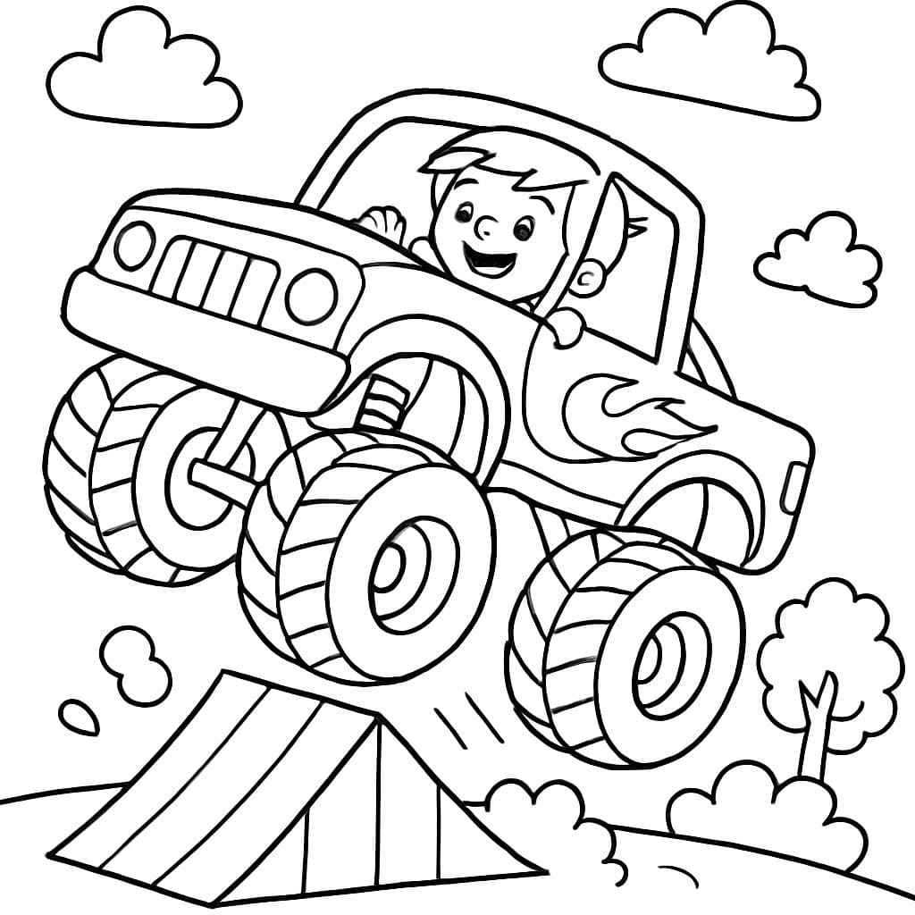 Un petit garçon dans un monster truck sautant par-dessus une rampe.