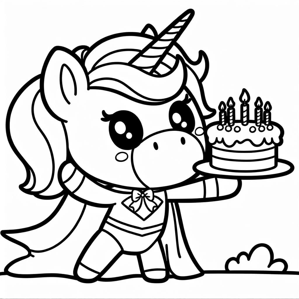 Cute Chibi Unicorn Superhero with a birthday cake side view