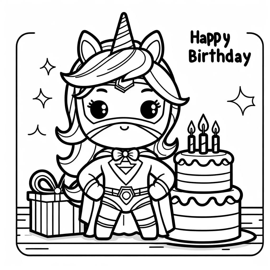 Cute Chibi Unicorn Superhero with a birthday cake
