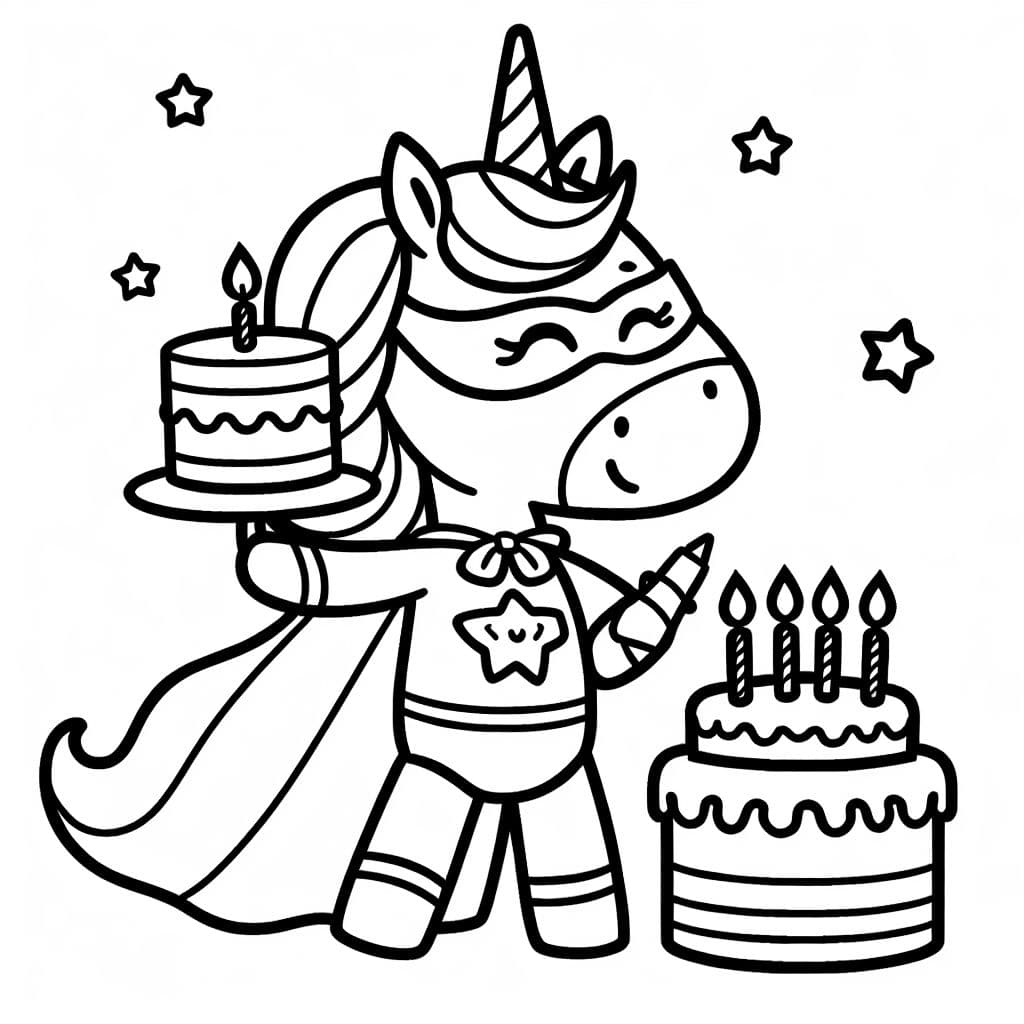 Unicorn superhero with a birthday cake in the style of my little pony animation