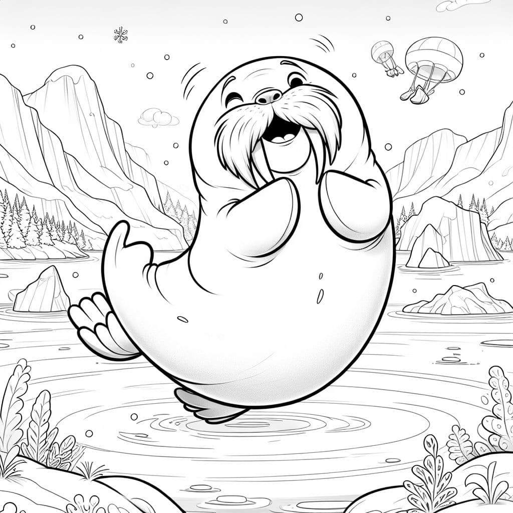 a warlrus jumping around and clapping  in  the artic