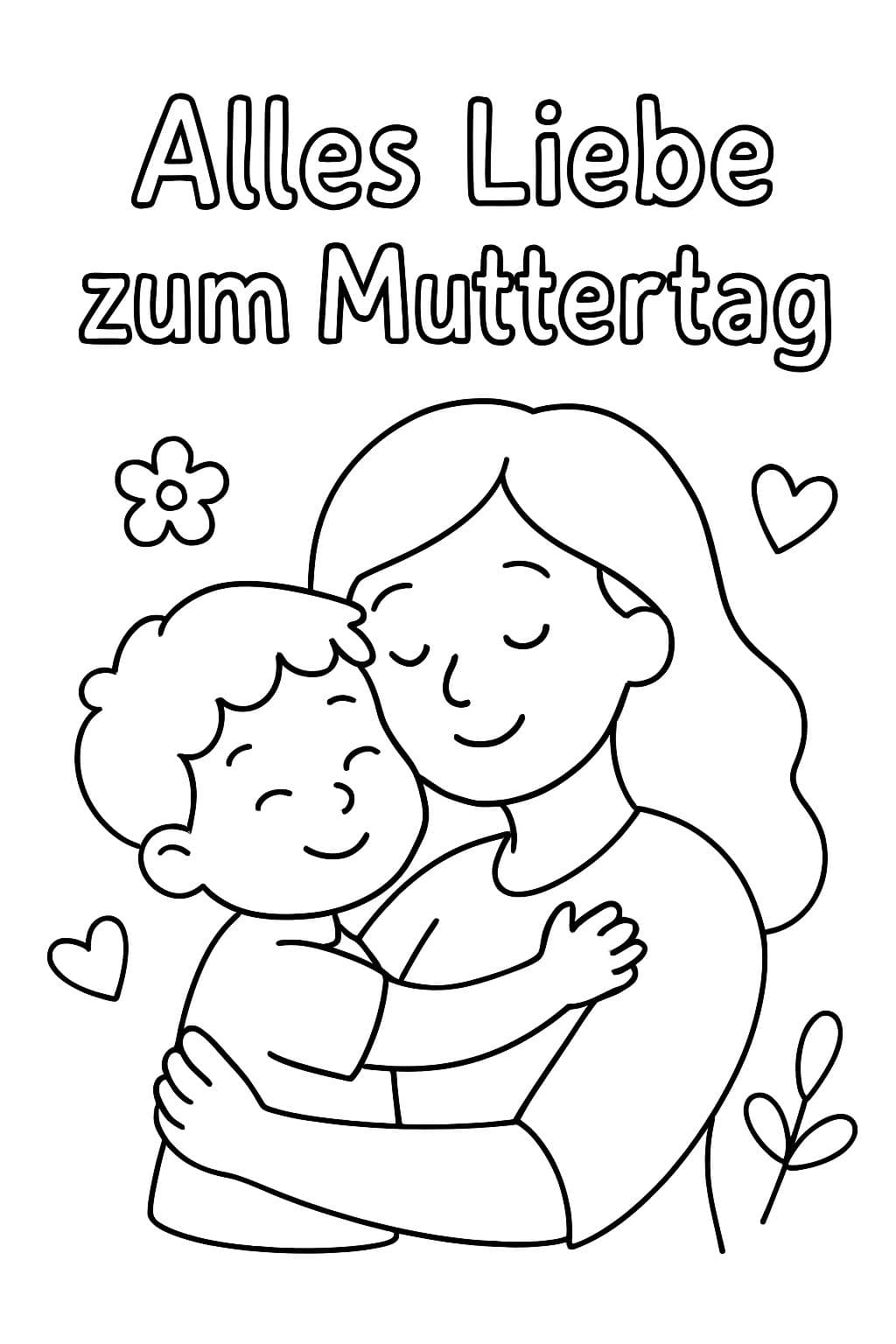 Schriftzug "Alles Liebe zum Muttertag" und Kind 4 Jahre alt Kuschelt mit Mama