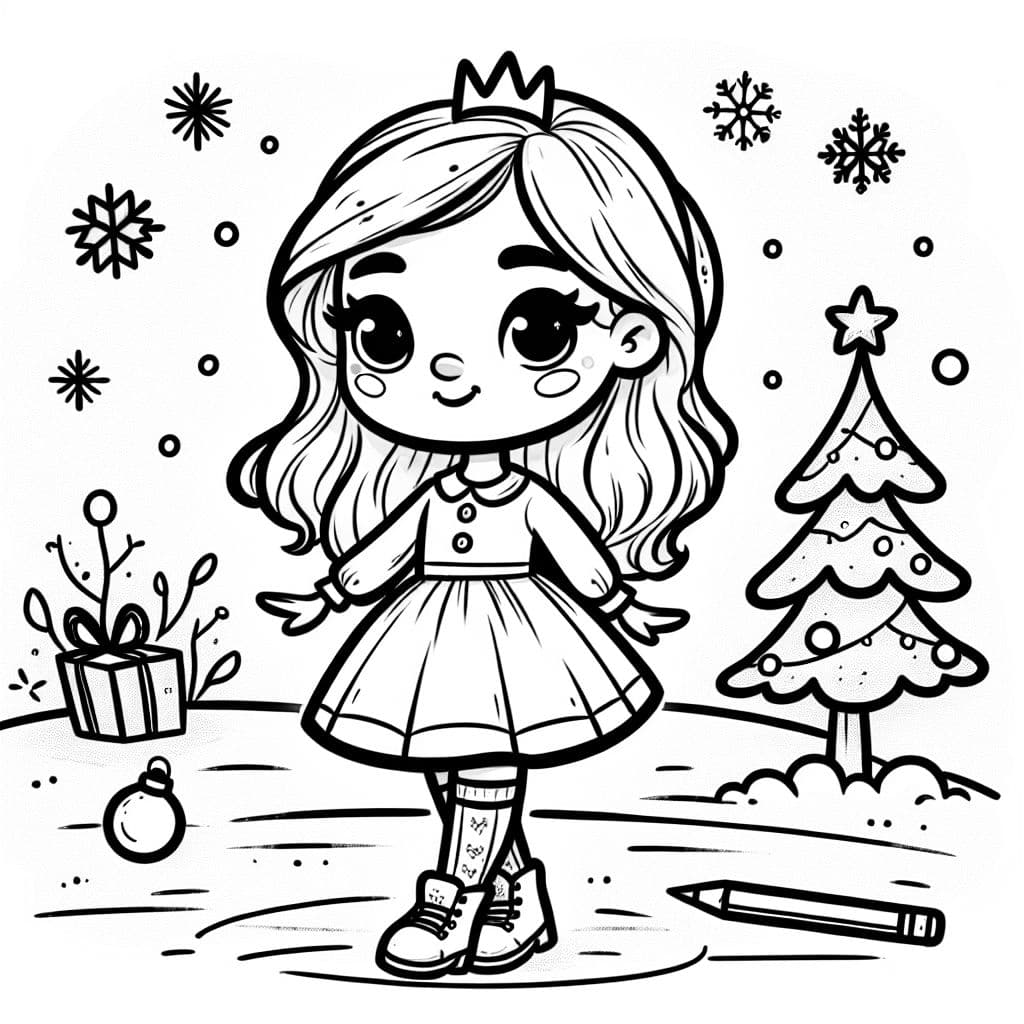 A blonde girl with medium length hair wearing a collared dress and white shoes in front of a Christmas themed background