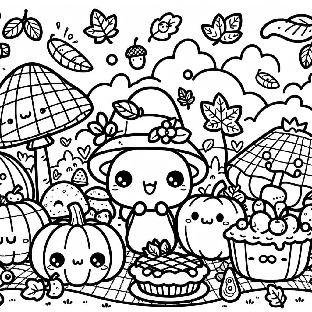 Kawaii scene with mushrooms and pumpkins and acorns. Autumn setting, leaves and pies and other fall things