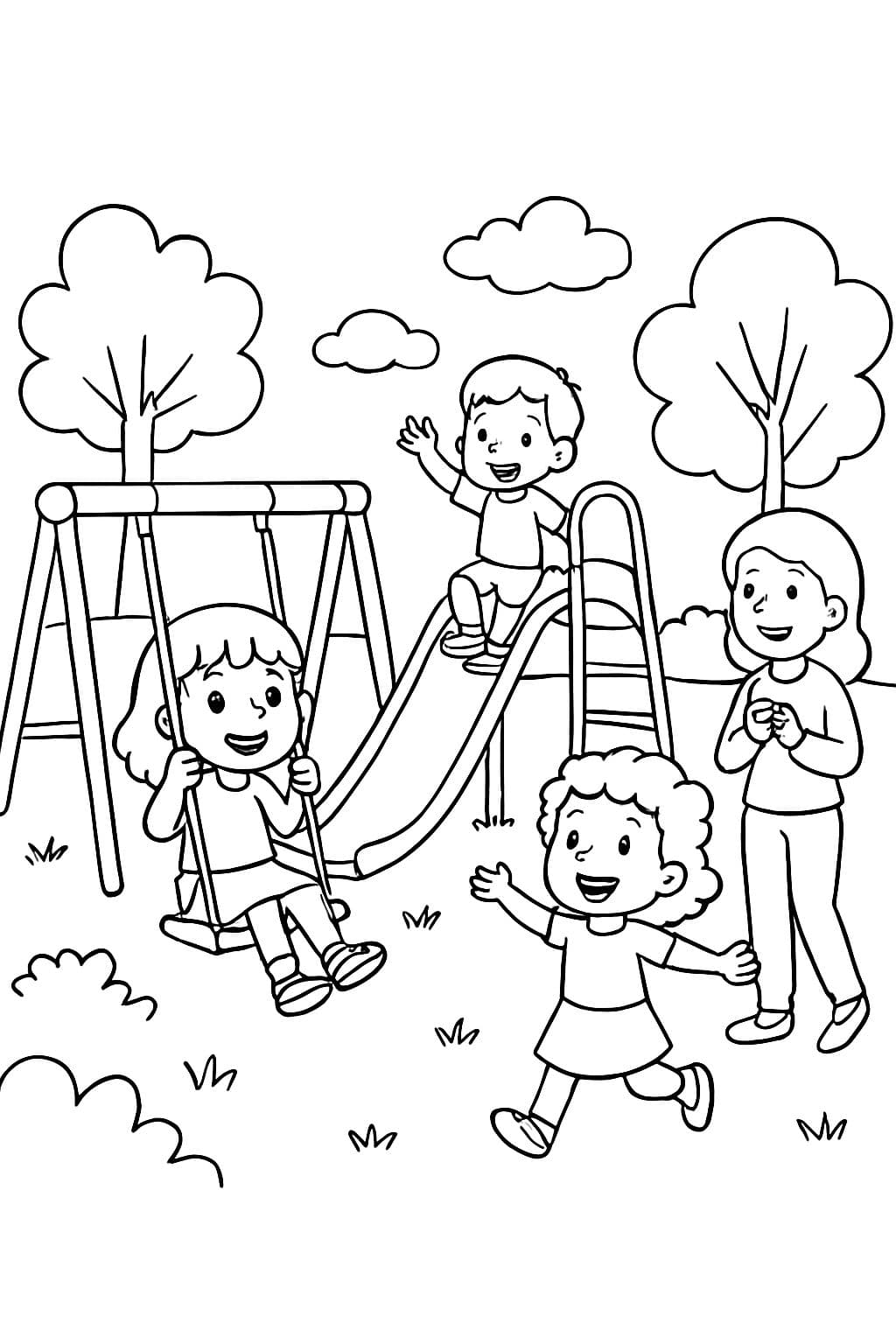 Aire de jeux avec des arbres et des enfants qui jouent, et une maman qui regarde.