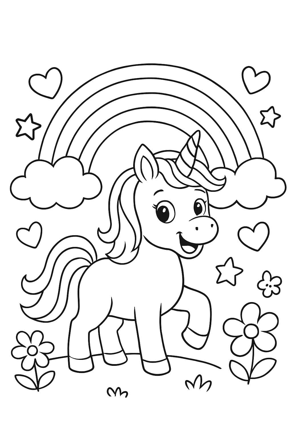 Gran unicornio con un arcoíris con corazones y estrellas y flores