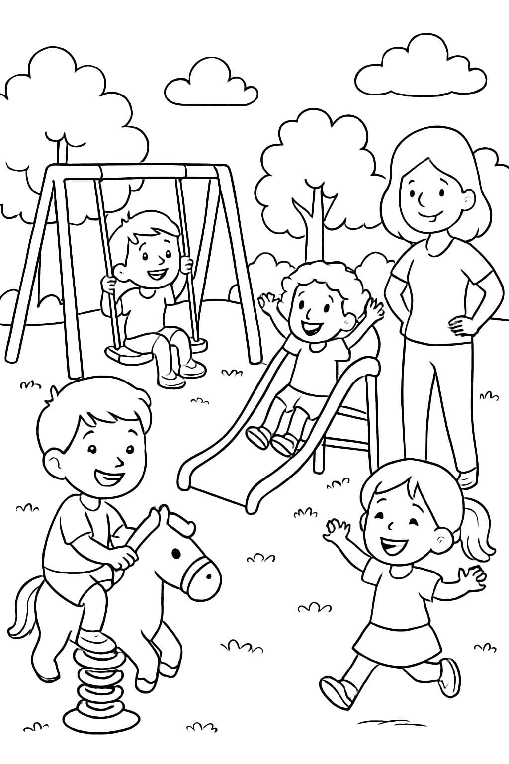 Parque infantil con niños jugando y mamá mirando