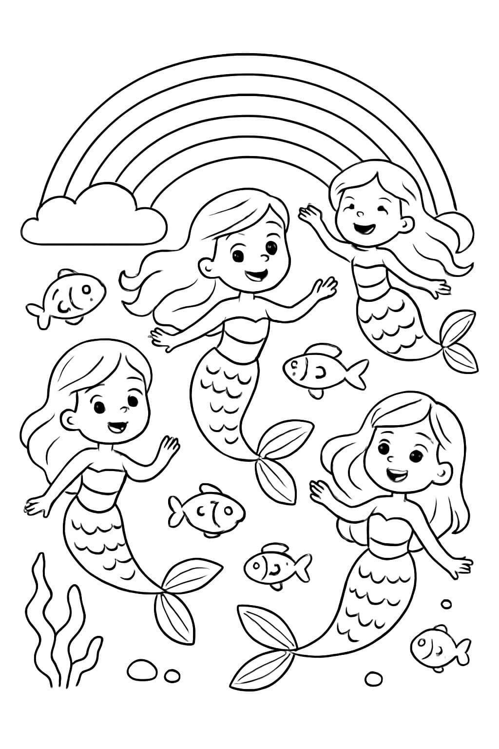 Mehrere Meerjungfrauen schwimmen. Mit einem Regenbogen im Hintergrund. Und einigen Fischen.
