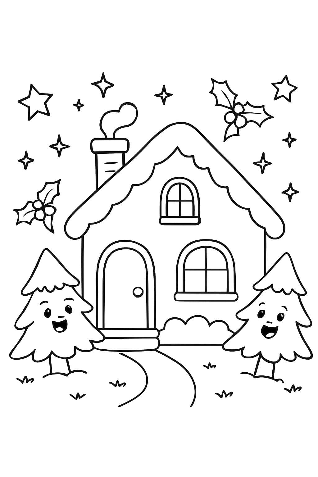 Ein Haus im Garten und einige funkelnde Sterne und einige Stechpalmen, die vom Himmel herabgleiten und keine gehenden Weihnachtsbäume.