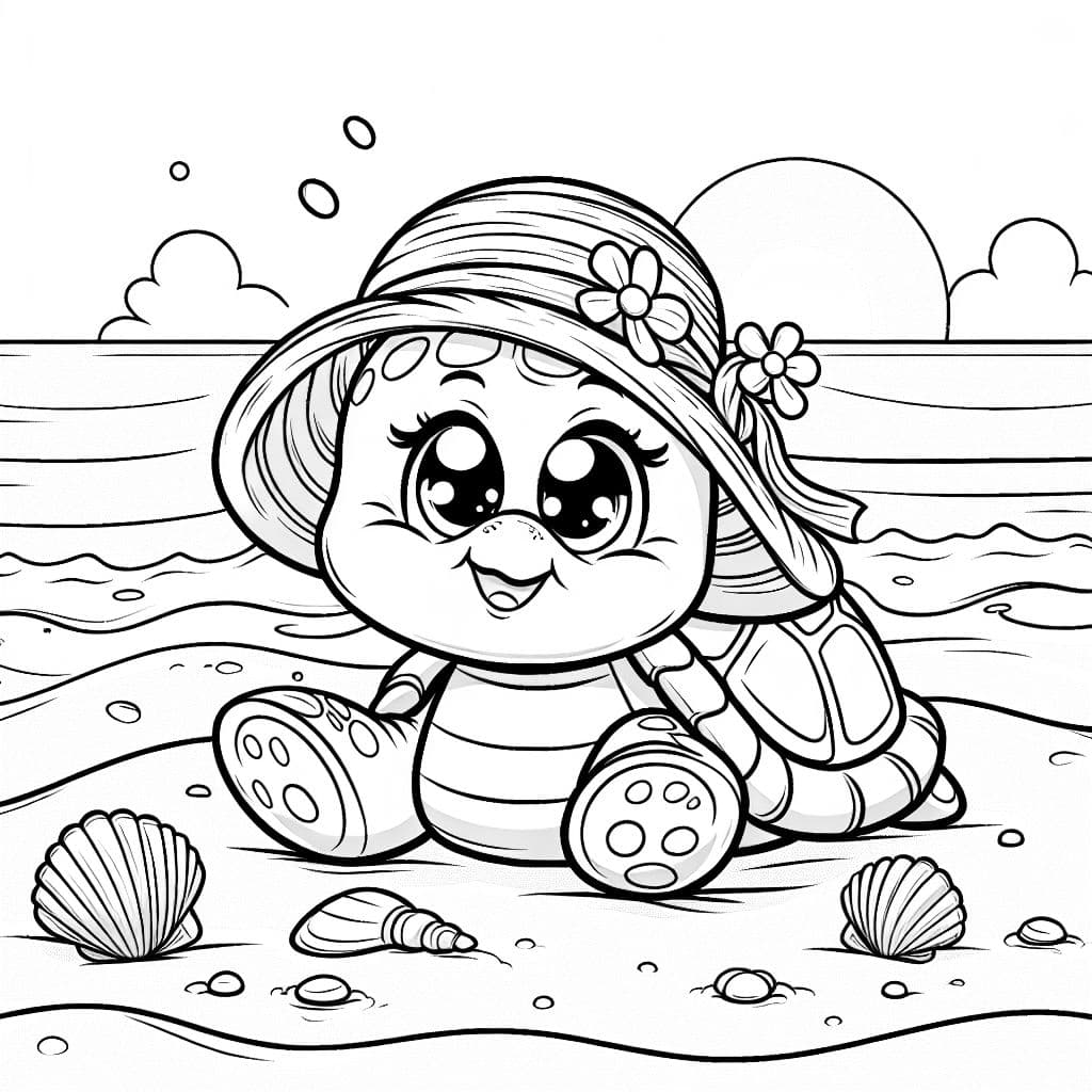 Eine Schildkröte mit großen Augen Sonnenhut am Strand