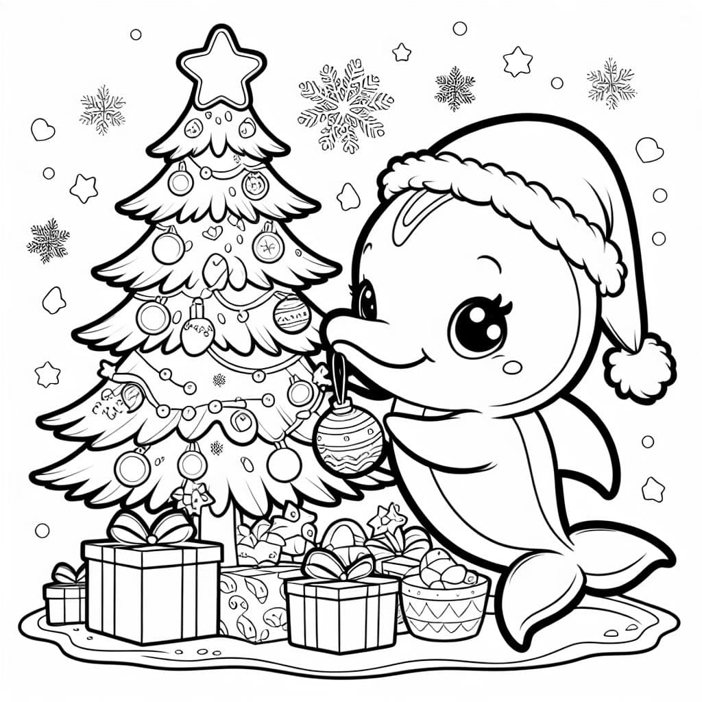 Dolphin decorating a xmas tree with the name Stella underneath